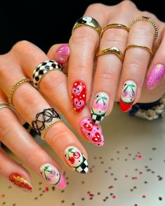 All posts • Instagram Short Nail Funky Designs, Fruit Nail Inspiration, Cherry Pie Nails, Wacky Nail Designs, Summer Nail Art 2024, Punk Nail Designs, Summer Abstract Nails, Different Design On Each Nail, Cherry Nails Designs