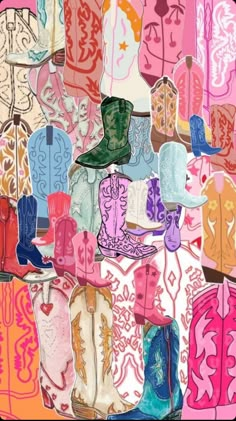 many different colored cowboy boots and hats