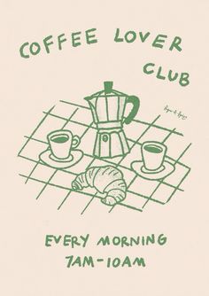 the coffee lover club logo is shown in green on a white background with cups and croissants