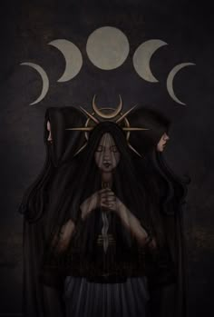 a woman standing in front of the moon with her hands clasped to her chest, wearing a black veil