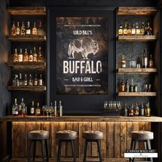 a bar with wooden stools and shelves filled with bottles on the wall, along with a chalkboard sign that says buffalo