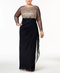 XSCAPE - Plus Size Embroidered Illusion Gown Dresses For Apple Shape, Illusion Gown, Apple Shape, Plus Size Gowns, Mother Of Groom Dresses, Apple Shaped, Mob Dresses, Bride Gowns, Bride Clothes