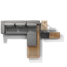 the sectional sofa is made out of wood and fabric