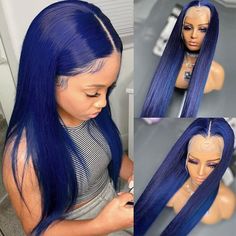 Blue Silky Straight Colored 13x6x1 T-Part Lace Front Wigs PrePlucked Glueless Natural Hair Line 150 Density Brazilian Remy Human Hair Wigs Pre Plucked Human Hair (18Inches, 13x6 T Part Blue), #Ad #Advertisement, Hair Color Dark Blue, Blue Lace Front Wig, Wig Straight, Virgin Hair Wigs, Remy Human Hair Wigs, Brazilian Remy Hair, Straight Lace Front Wigs, Hair Quality, Hair Color Dark