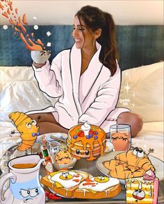 a woman in white robe sitting on bed with food and drinks next to her face