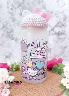 a hello kitty drink bottle with a pink bow on it's head and some flowers around it