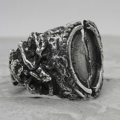 Brutalist Open Ring With Oxidized Finish, Brutalist Oxidized Open Ring Jewelry, Unique White Gold Open Ring, Unique Oxidized Open Engraved Ring, Hand Forged White Gold Open Ring, Brutalist Oxidized Open Ring, Hand Forged Metal Rings, Unique Silver Rings In White Bronze, Brutalist Hand-forged Open Ring Jewelry