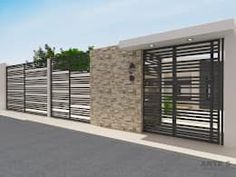 a 3d rendering of a modern gated entrance to a house with stone and brick walls