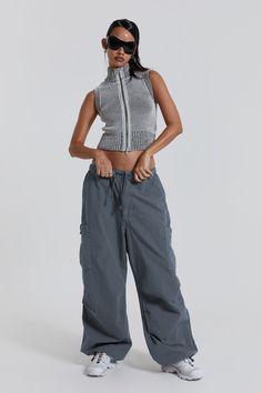 Vintage Grey Parachute Cargo Pants Grey Parachute Pants Outfit, Parachute Pants Outfit, Parachute Cargo Pants, Aesthetic 2023, Outfit Pieces, Parachute Cargo, Combat Trousers, Mesh Long Sleeve Top, Swimsuits Hot