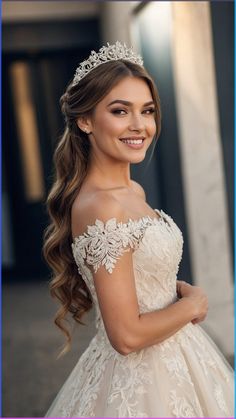 a woman wearing a wedding dress with a tiara on her head and smiling at the camera