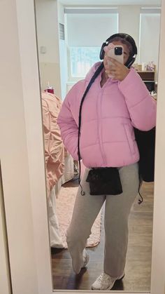 #nikepuffercoat #asics #kurtgeiger #puffer #airpodsmax Outfits With Pink Puffer Jacket, Pink Denim Tears Hoodie Outfit, Pink Airforce Outfit, Pink Asics Outfit, Pink Nike Shoes Outfit, Japan Spring Outfit Travel, Pink Purse Outfit, Pink Puffer Jacket Outfit, Puffer Jacket Outfit Black