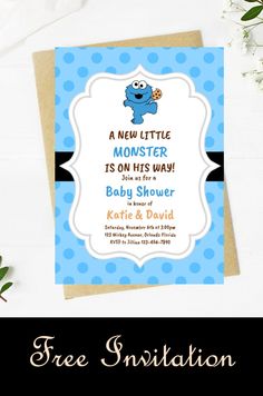 a little monster is on his way baby shower or birthday party card with polka dots