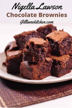 chocolate brownies on a white plate with text overlay that reads, nigglela - davidson chocolate brownies