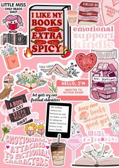 a bunch of stickers that are on top of a pink background with the words like my books extra spicy