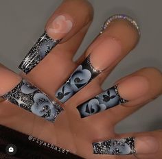 Chola Nails, Chicano Nails, Ballerina Acrylic Nails, Black French Tips, Airbrush Nails, Y2k Nails, Pretty Gel Nails, Black French