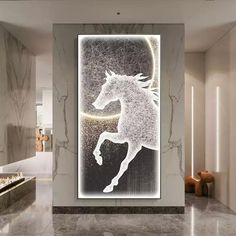 a white horse is on the wall in this modern bathroom with marble floors and walls