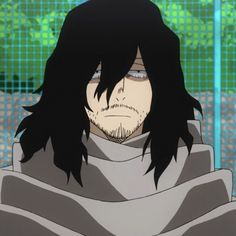 an anime character with long black hair looking at the camera