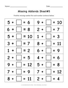 Missing Addends: Addition Practice Worksheets EA5