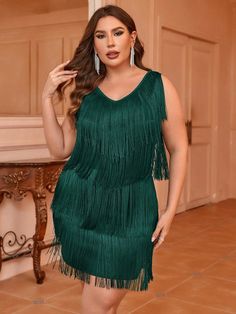 Plus Size Multilayer Tassel Sleeveless Dress Dark Green Party  Sleeveless Woven Fabric Plain Bodycon Slight Stretch  Women Plus Clothing, size features are:Bust: ,Length: ,Sleeve Length: Vestido Plus Size, Tee Dress, Dress P, Fashion Online Shop, Plus Clothing, Women Lingerie, All Fashion, Plus Size Dresses, Dresses Online