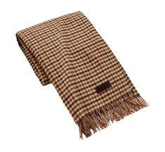 a brown and black checkered scarf with fringes