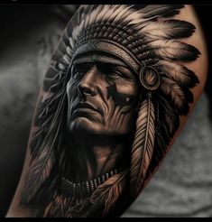 Indian Head Tattoo Men, Indian Arm Tattoo Men, Aztec Chief Tattoo, Mens Native American Tattoos, Chief Indian Tattoo, Native Chief Tattoo, Native Indian Tattoo Ideas, Native American Tattoo Designs Men, Indian Man Tattoo