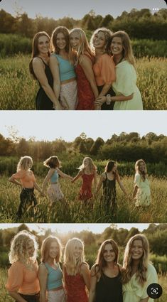 four girls are posing together in the grass and one girl is holding her arms out