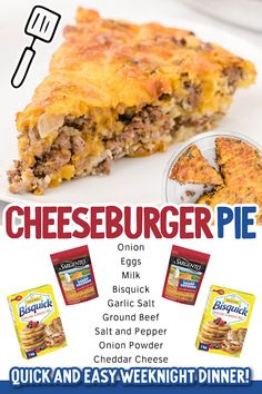 an advertisement for cheeseburger pie on a plate