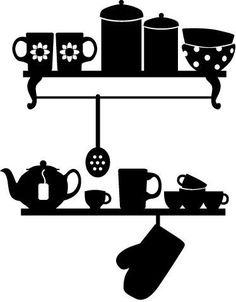 black and white silhouettes of teapots, cups, saucers on a shelf