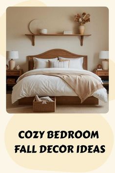 a bed with white sheets and pillows in a bedroom next to two wooden shelves on the wall