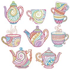 teapots and cups are drawn in different colors on a white background, each with an ornate design