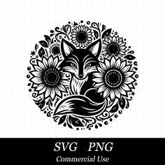 a black and white image of a fox with sunflowers in its mouth, surrounded by the words svg png commercial use