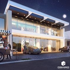 an artist's rendering of a modern house at night