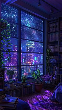 a room with a window, bookshelf and plants in it at night time