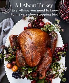 an image of a turkey on a plate with grapes and other fruit around it, as well as the words prepping all about turkey