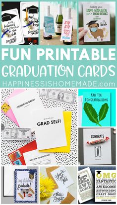 graduation cards with the words fun printable graduation cards on them and pictures of different items