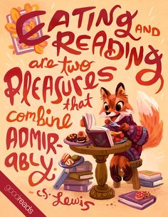 an illustration of a fox sitting at a table reading a book with the words eating and reading are two prehises that combine admink ably