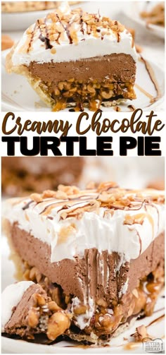 this creamy chocolate turtle pie is loaded with whipped cream and pecans