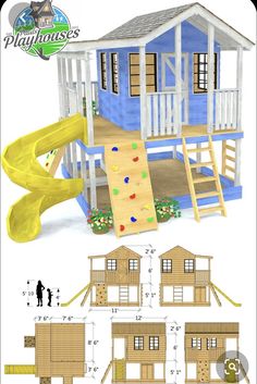 the plans for a children's play house with slide and climbing wall are shown