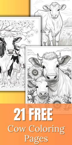 four coloring pages with cows in the background and text that reads, 21 free cow coloring pages