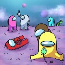 an image of some cartoon characters in the grass with one person looking at something on the ground