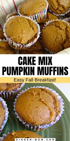 pumpkin muffins with text overlay that reads cake mix pumpkin muffins easy fall breakfast