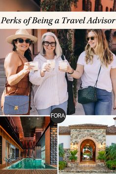 two women standing next to each other in front of a building and the words perks of being a travel advisory