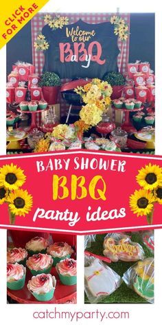 a baby shower bbq party with sunflowers, cupcakes and cake