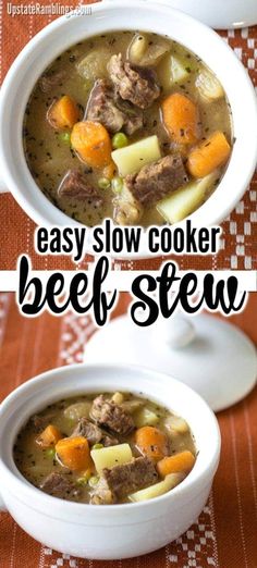 two bowls of beef stew with carrots and celery in them on a table