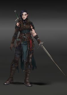 an animated character holding two swords and wearing black clothing with red hair, standing in front of a dark background