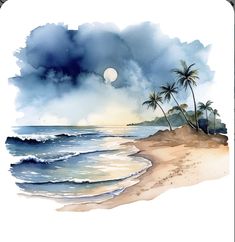 a watercolor painting of a beach with palm trees and the moon in the sky