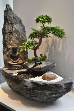 a bonsai tree and buddha statue on display