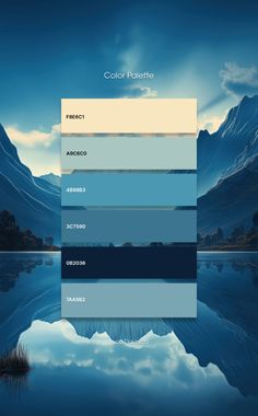 the color palette is blue, and it looks like mountains are reflected in the water