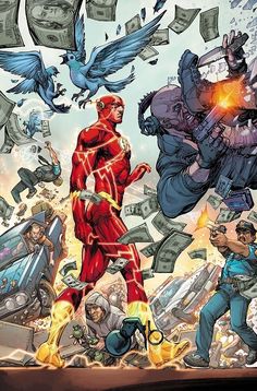 the flash is surrounded by money and other characters