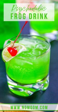 two glasses filled with green liquid and topped with a cherries garnish on the rim